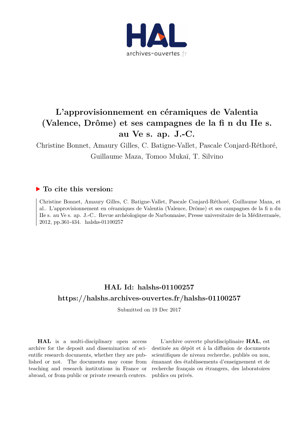 L'approvisionnement En Céramiques De Valentia (Valence, Drôme) Et Ses Campagnes De La Fi N Du Iie S. Au Ve S. Ap. J.-C