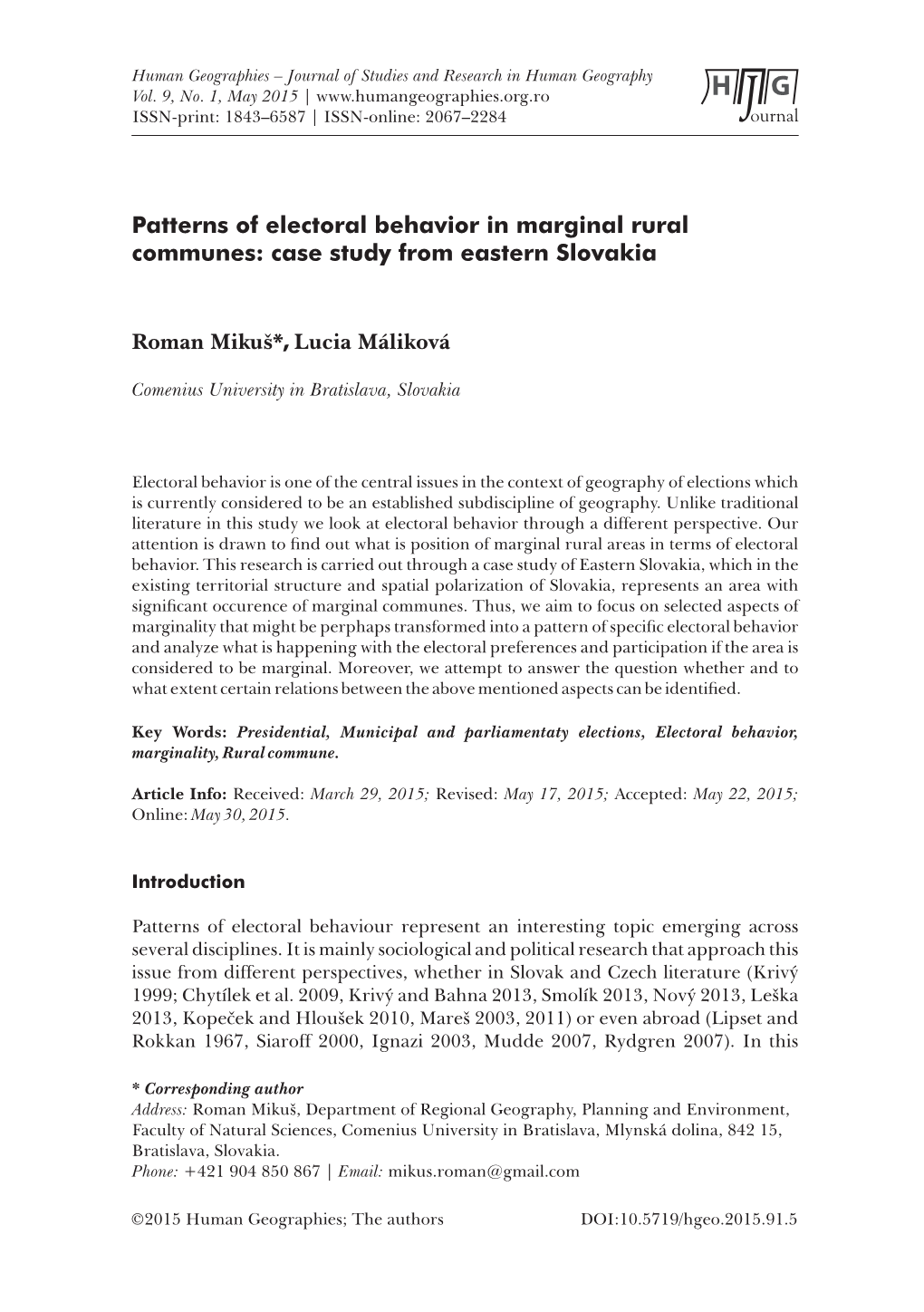 Patterns of Electoral Behavior in Marginal Rural Communes: Case Study from Eastern Slovakia