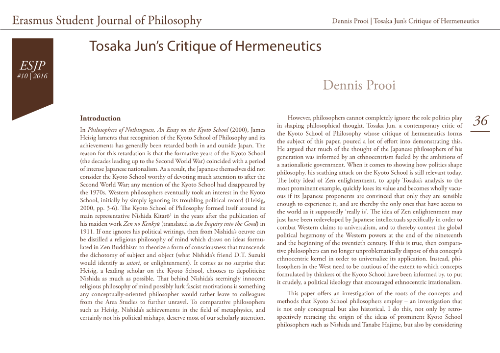 Tosaka Jun's Critique of Hermeneutics