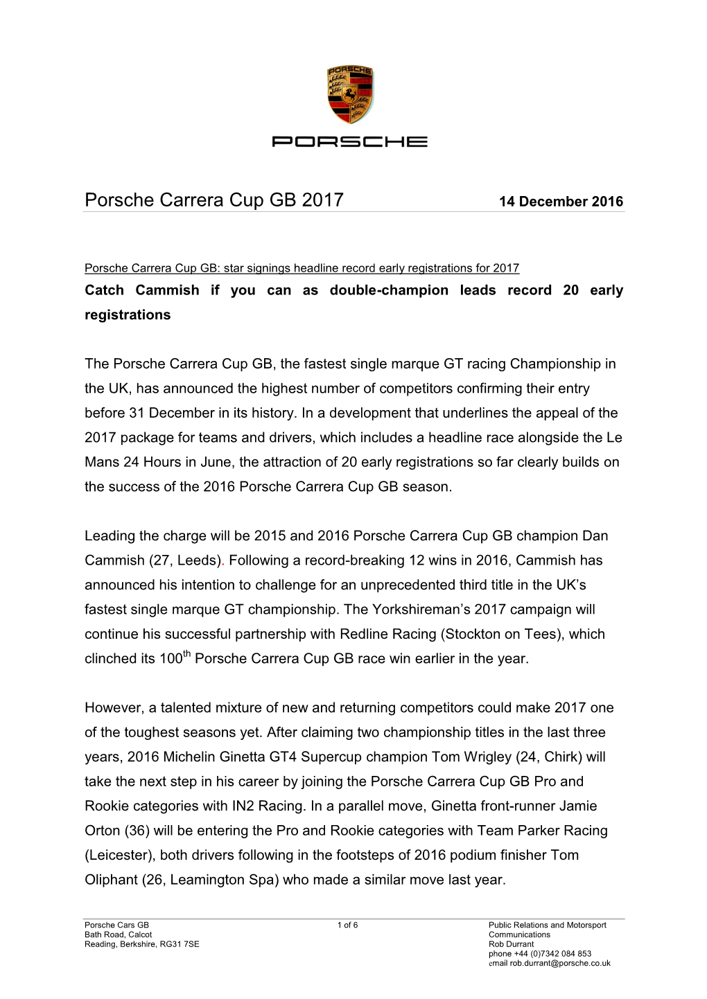 Porsche Carrera Cup GB 2017 14 December 2016