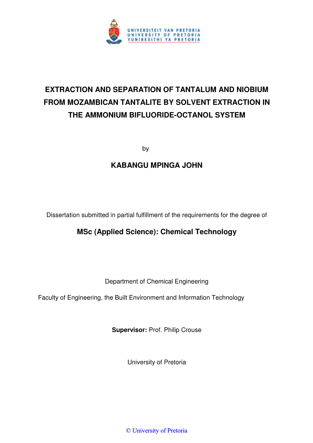 Extraction and Separation of Tantalum and Niobium from Mozambican Tantalite by Solvent Extraction in the Ammonium Bifluoride-Octanol System