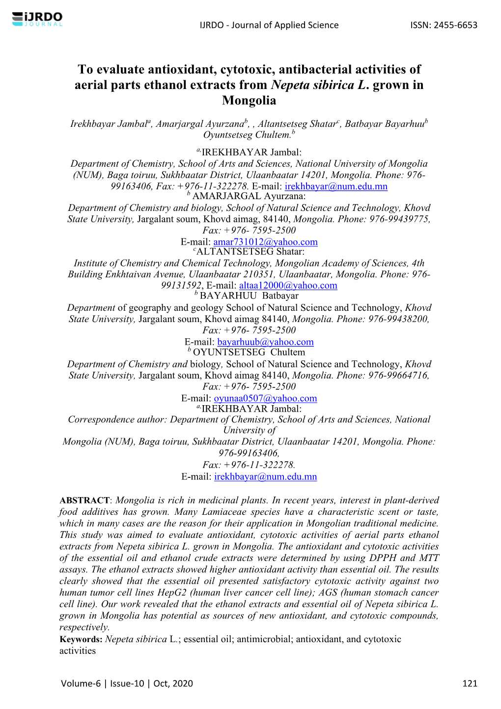 To Evaluate Antioxidant, Cytotoxic, Antibacterial Activities of Aerial Parts Ethanol Extracts from Nepeta Sibirica L