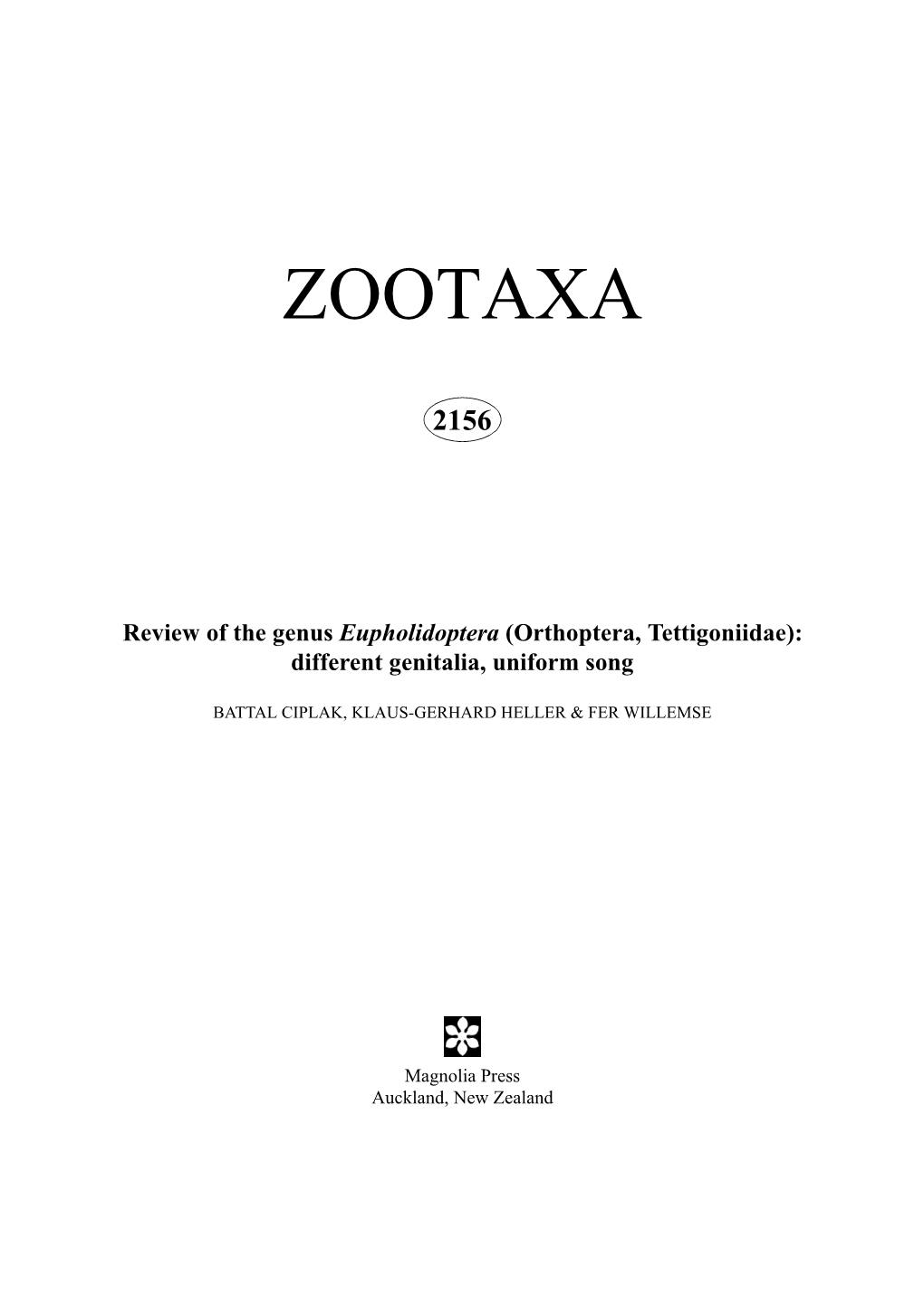 Zootaxa, Review of the Genus Eupholidoptera (Orthoptera