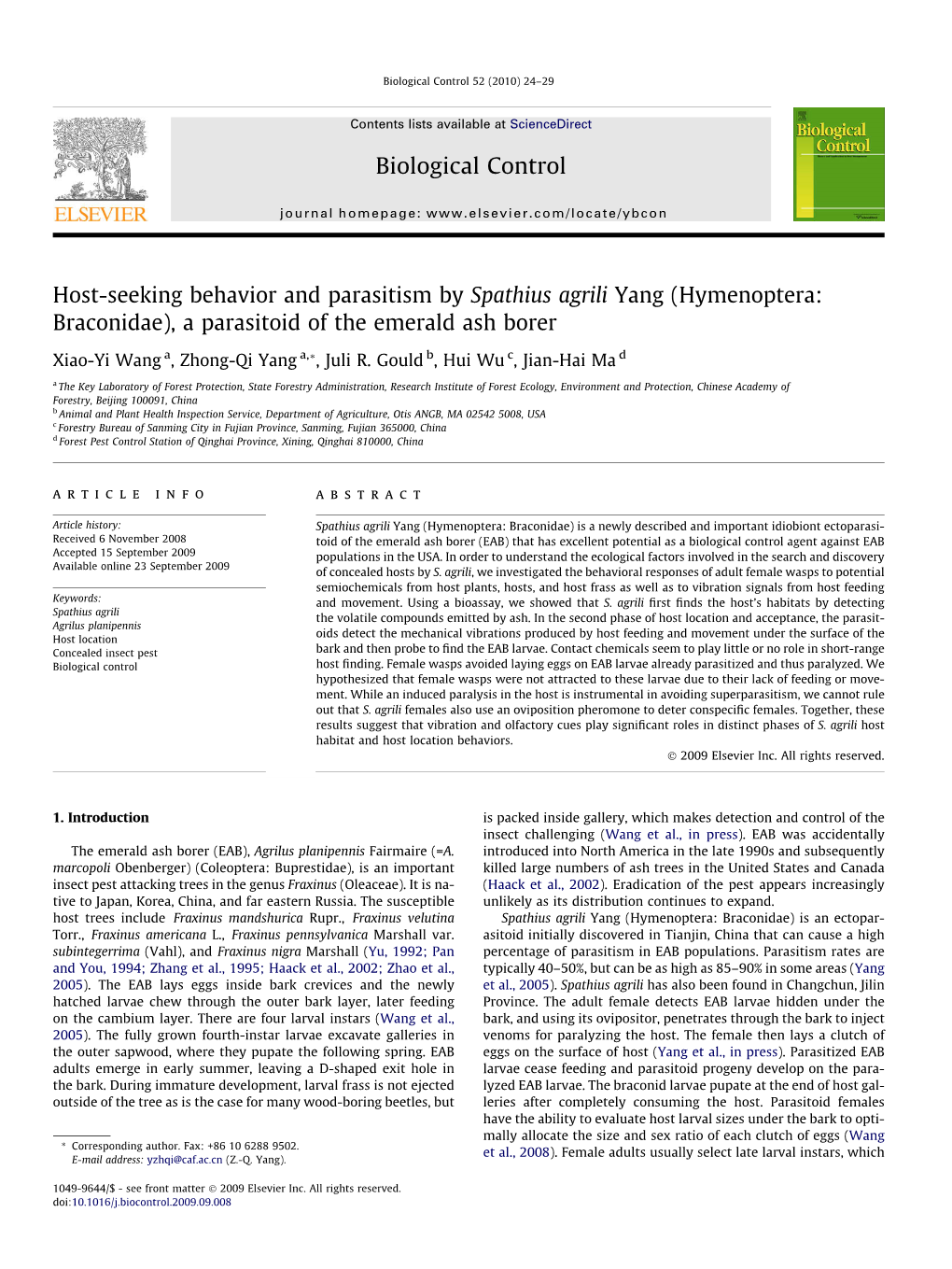 (Hymenoptera: Braconidae), a Parasitoid of the Emerald Ash Borer