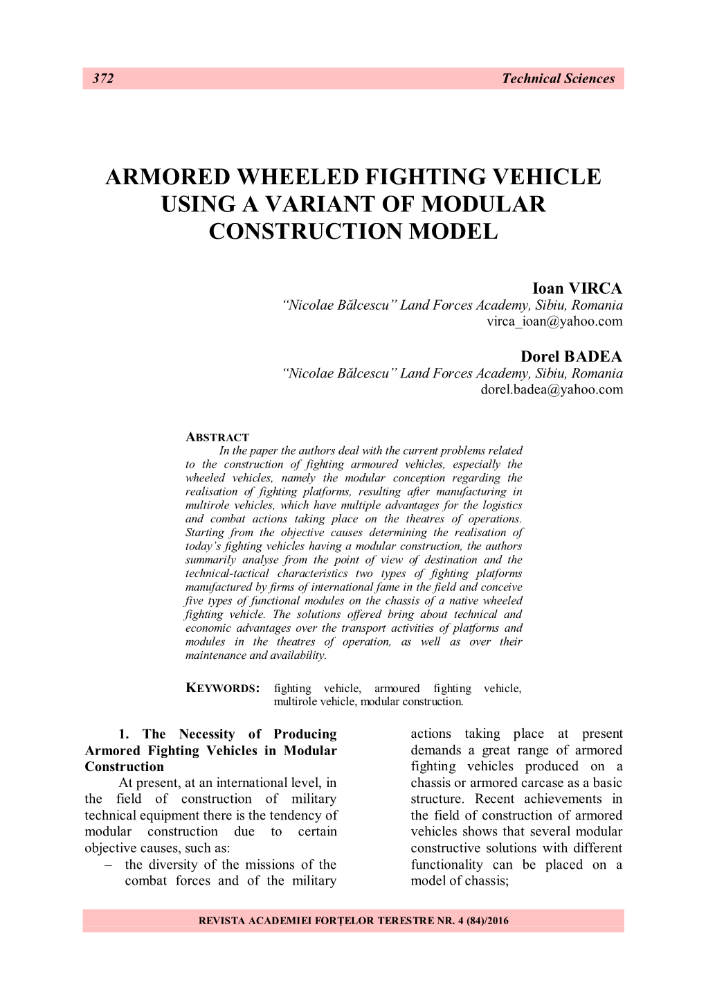 Armored Wheeled Fighting Vehicle Using a Variant of Modular Construction Model