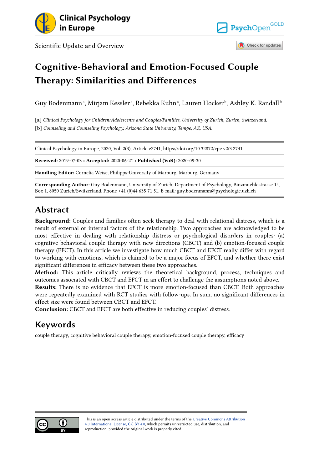 Cognitive-Behavioral and Emotion-Focused Couple Therapy: Similarities and Differences