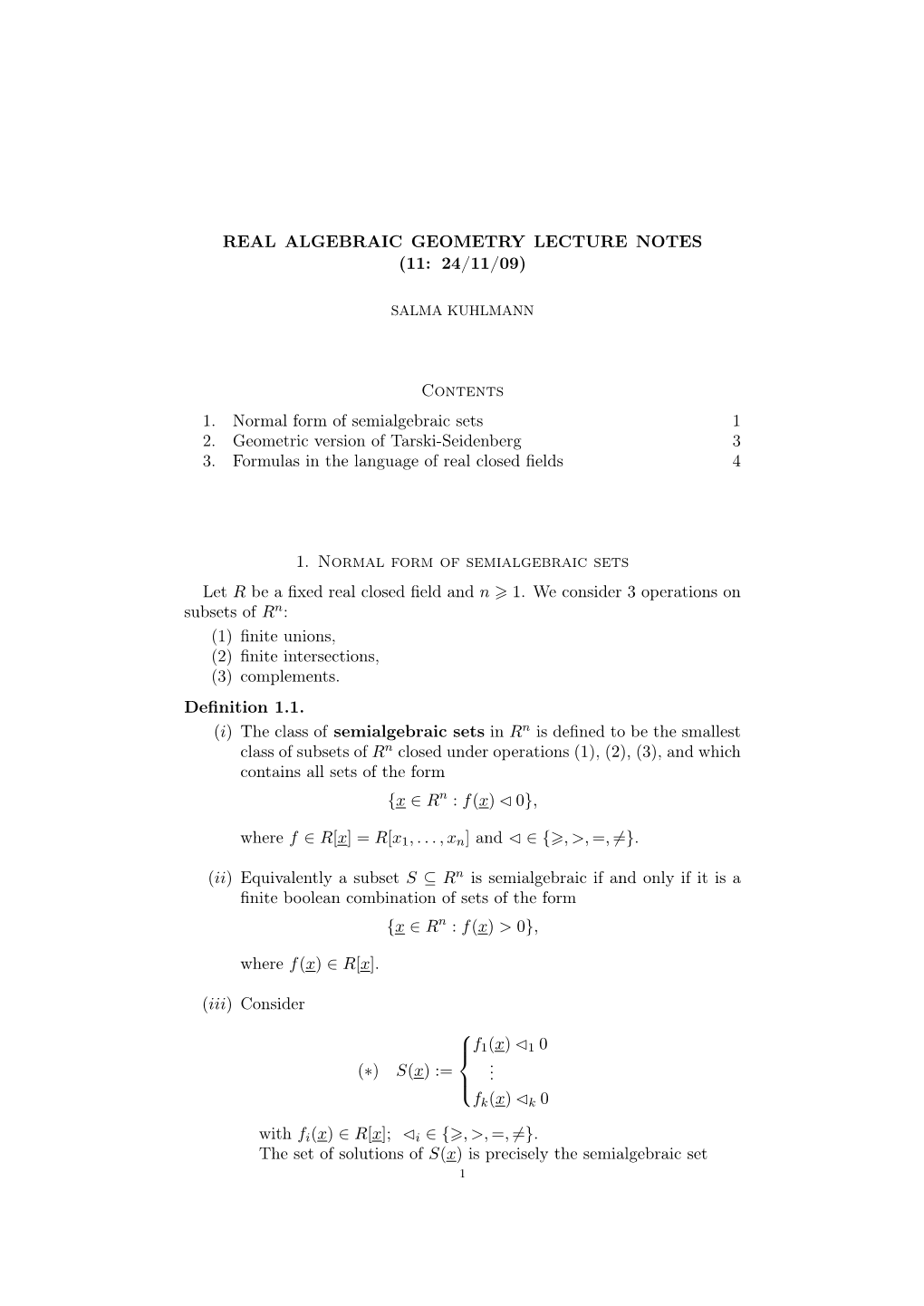 Real Algebraic Geometry Lecture Notes (11: 24/11/09)