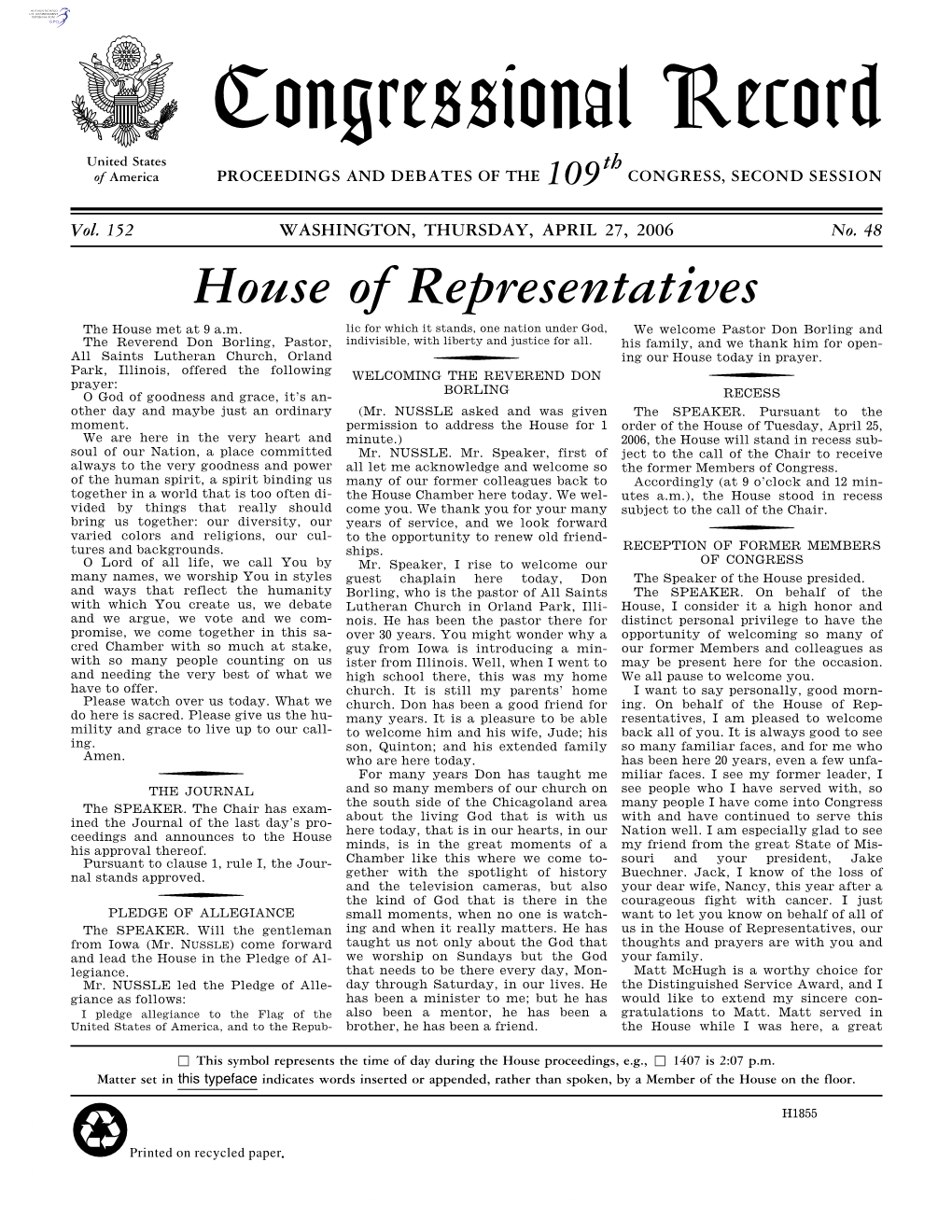 Congressional Record United States Th of America PROCEEDINGS and DEBATES of the 109 CONGRESS, SECOND SESSION