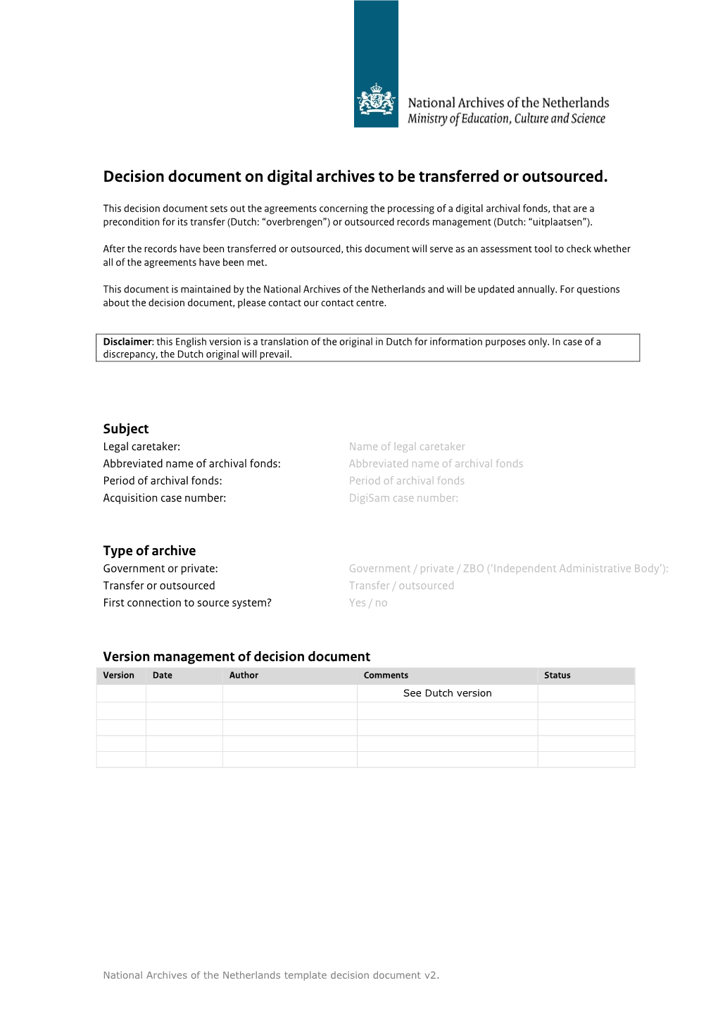 Download National Archives of the Netherlands Template Decision