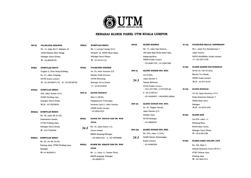 Senarai Klinik Panel Utm Kuala Lumpur 24 J 24 J 24 J