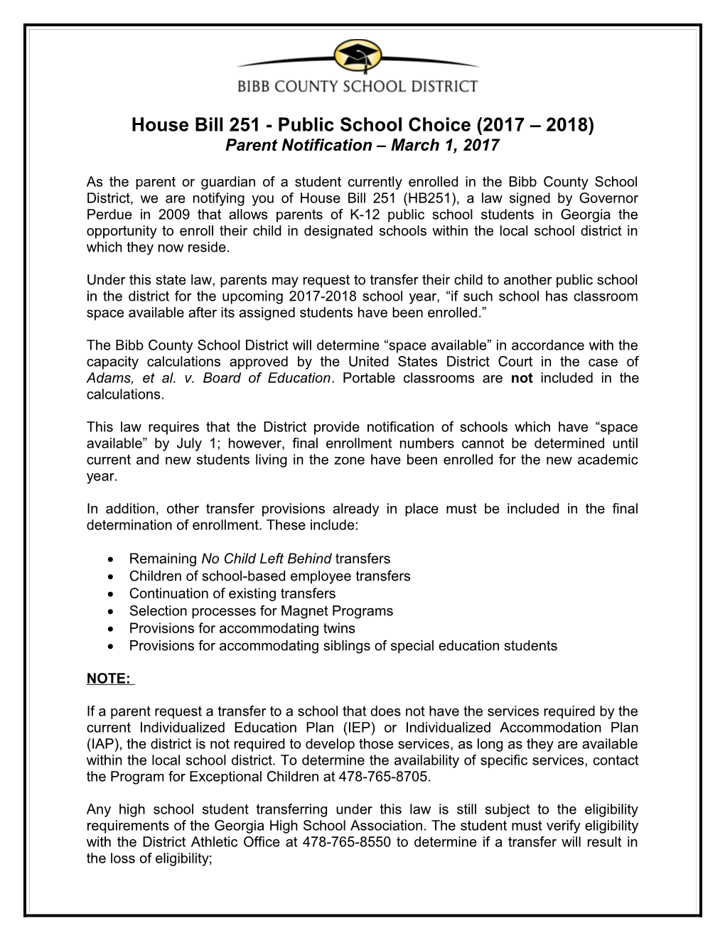 House Bill 251 - Public School Choice (2017 2018)