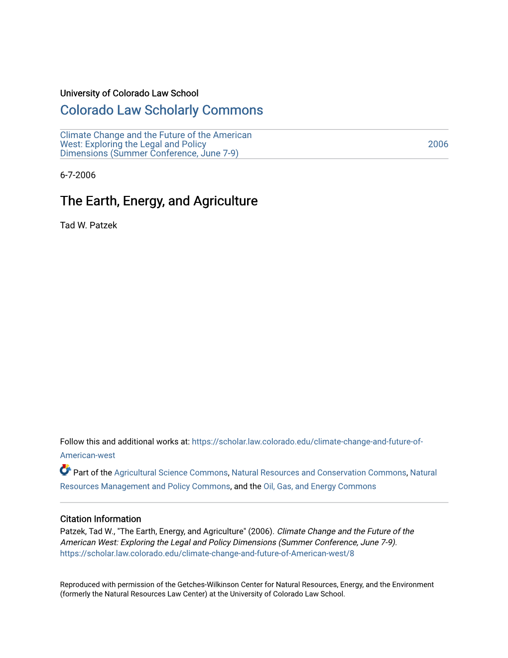 The Earth, Energy, and Agriculture