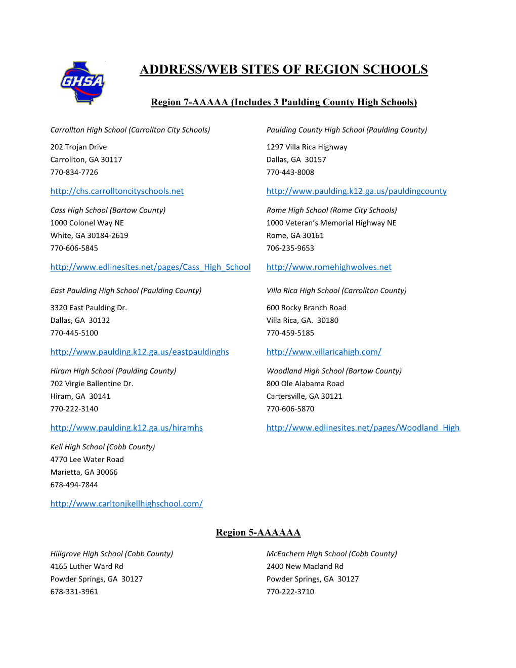 Address/Web Sites of Region Schools