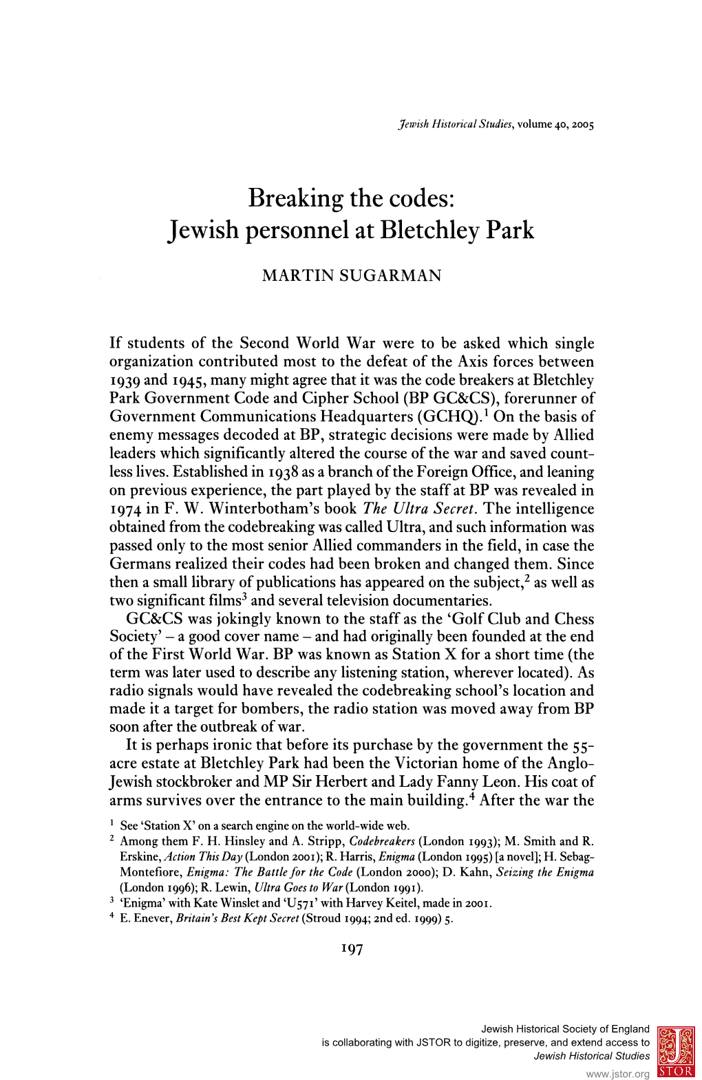 Breaking the Codes: Jewish Personnel at Bletchley Park