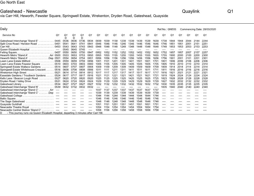 Gateshead - Newcastle Quaylink Q1 Via Carr Hill, Heworth, Fewster Square, Springwell Estate, Wrekenton, Dryden Road, Gateshead, Quayside
