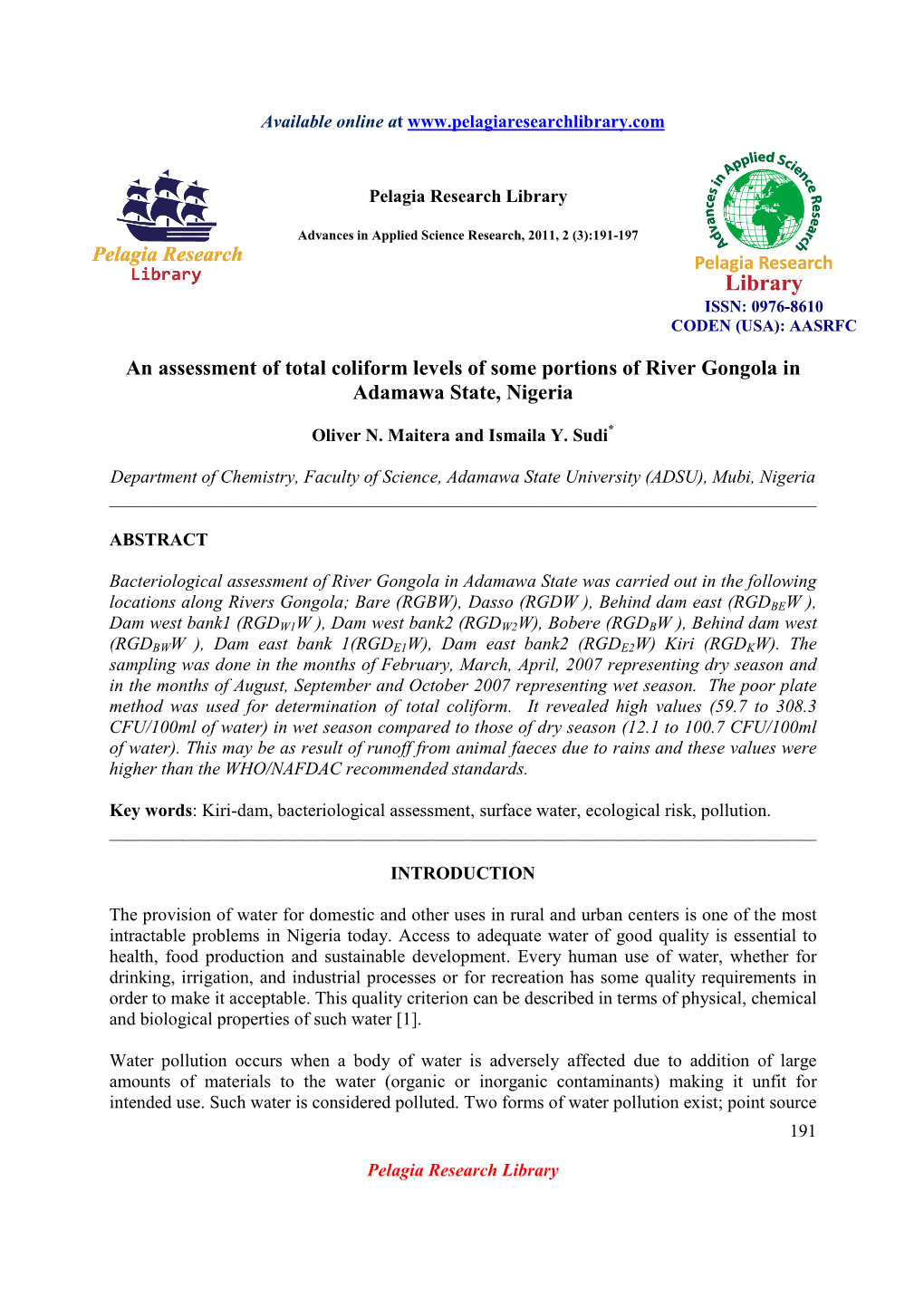 An Assessment of Total Coliform Levels of Some Portions of River Gongola in Adamawa State, Nigeria