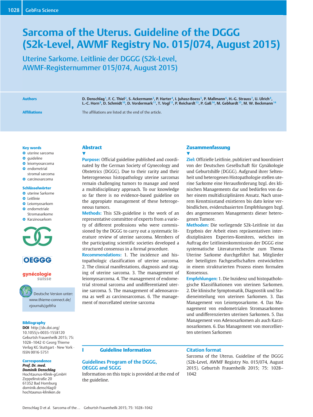 Sarcoma of the Uterus. Guideline of the DGGG (S2k-Level, AWMF Registry No