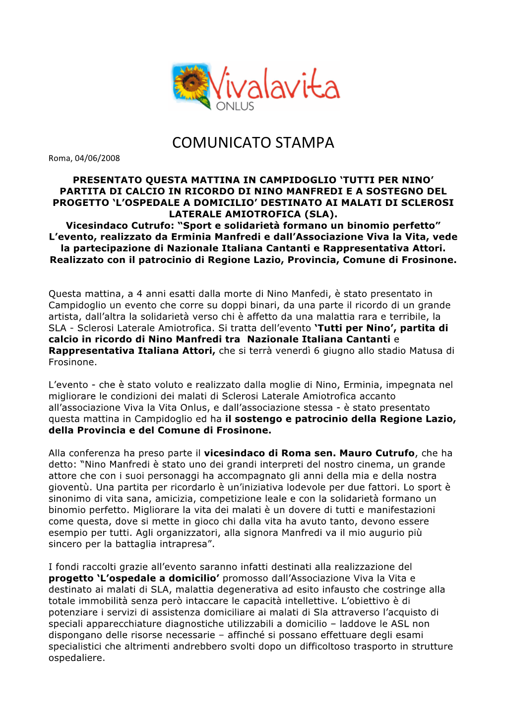 COMUNICATO STAMPA Roma, 04/06/2008