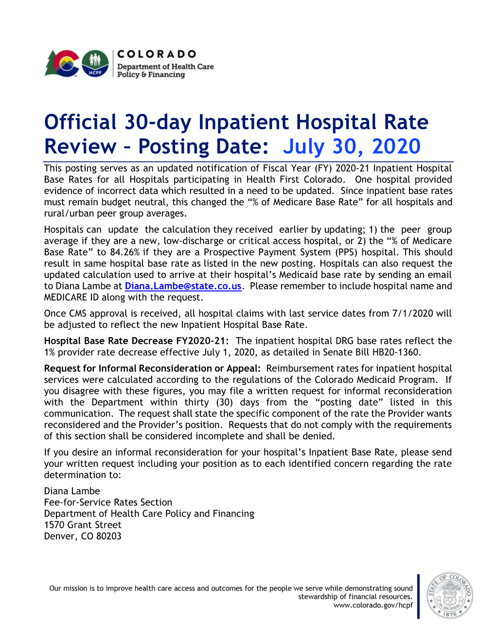 Official 30-Day Inpatient Hospital Rate Review – Posting Date