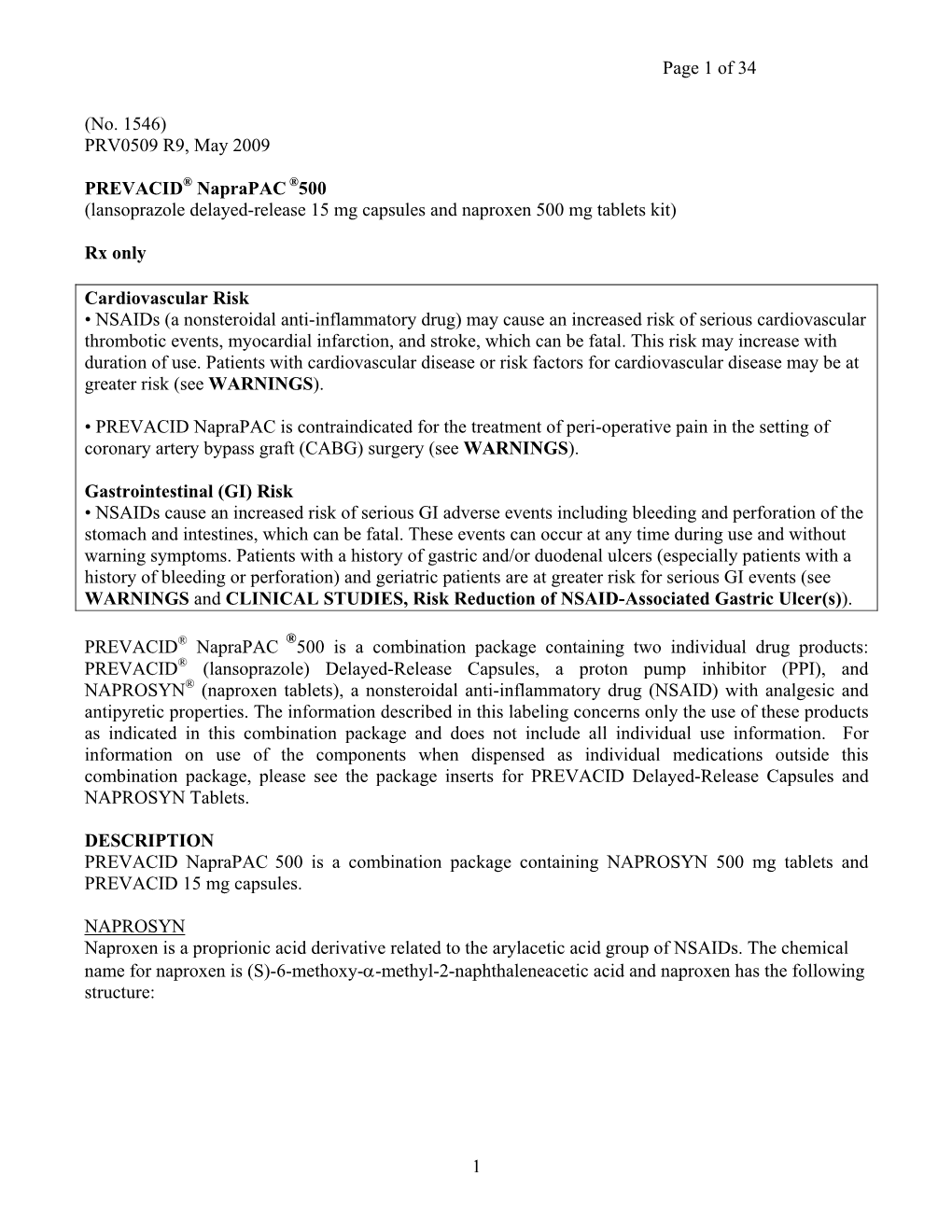 PRV0509 R9, May 2009 PREVACID Naprapac 500 (Lansoprazole