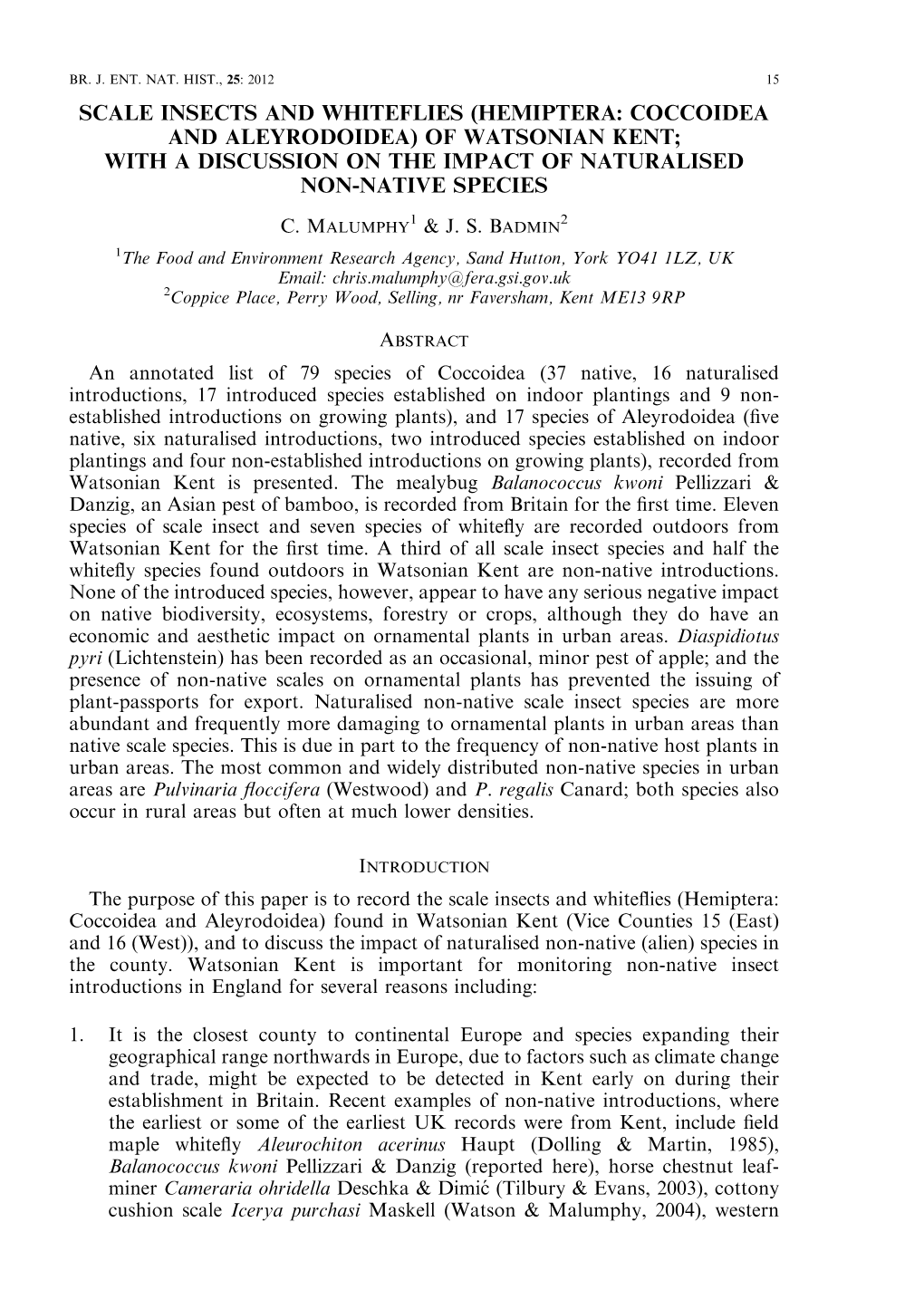 Scale Insects and Whiteflies (Hemiptera: Coccoidea and Aleyrodoidea) of Watsonian Kent; with a Discussion on the Impact of Naturalised Non-Native Species