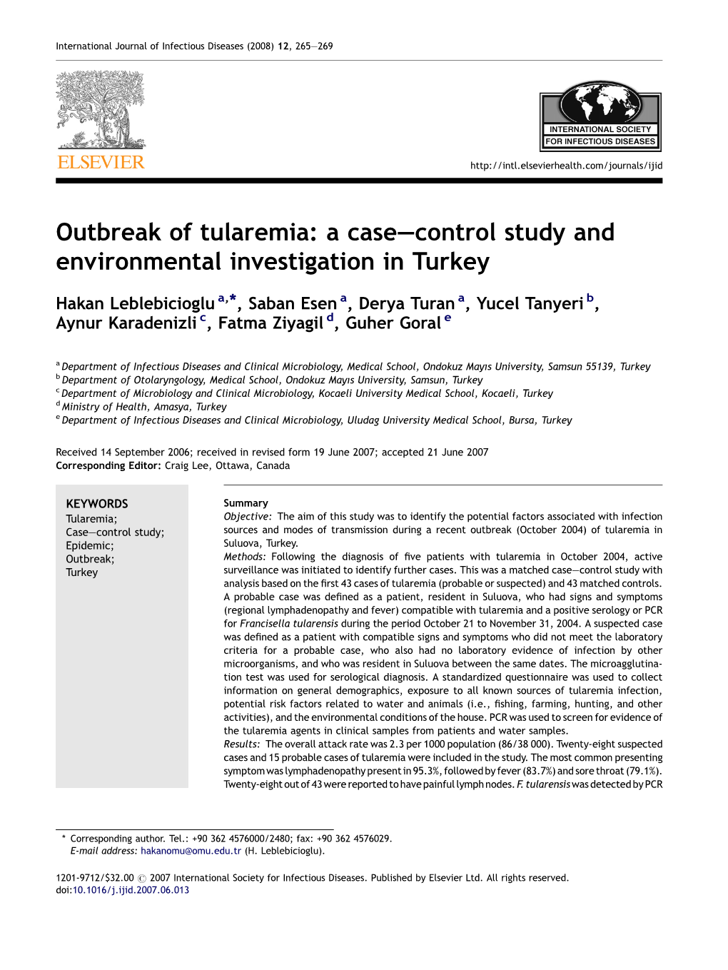 Outbreak of Tularemia: a Case—Control Study and Environmental Investigation in Turkey