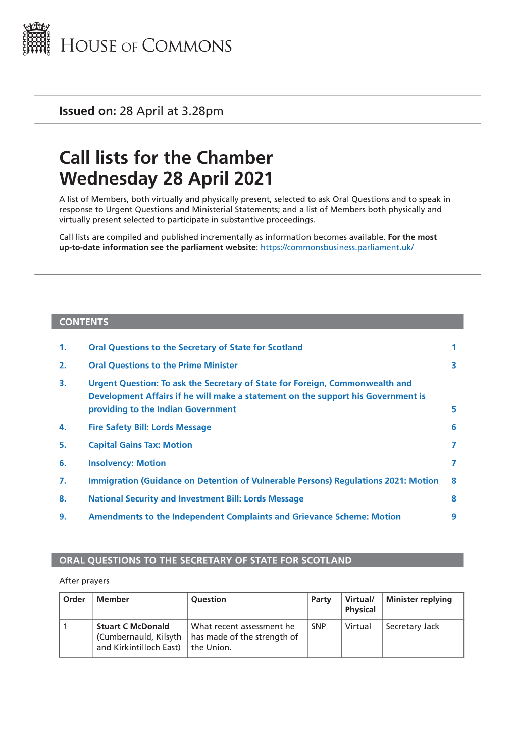 Call Lists for the Chamber Wednesday 28 April 2021