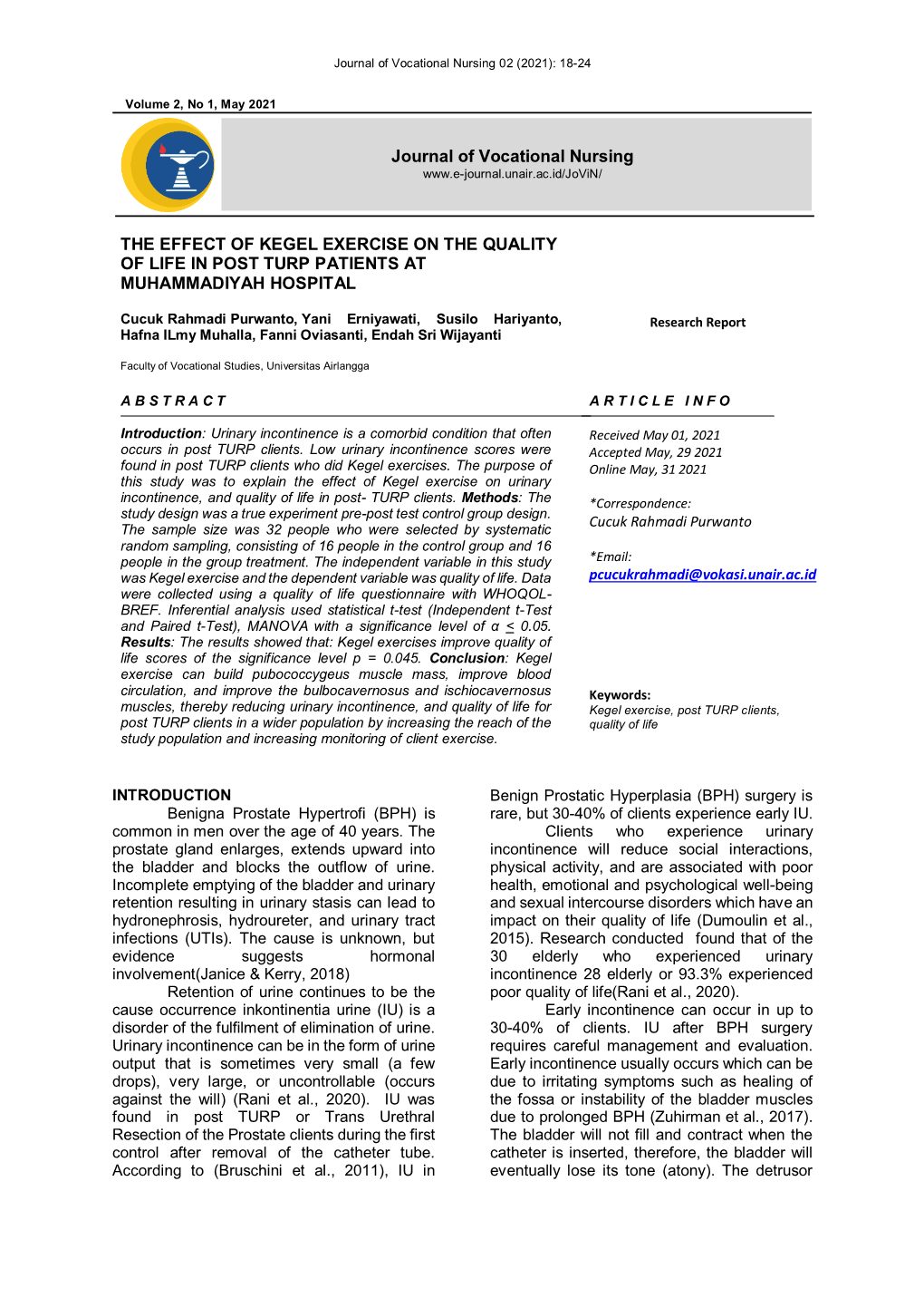 The Effect of Kegel Exercise on the Quality of Life in Post Turp Patients at Muhammadiyah Hospital