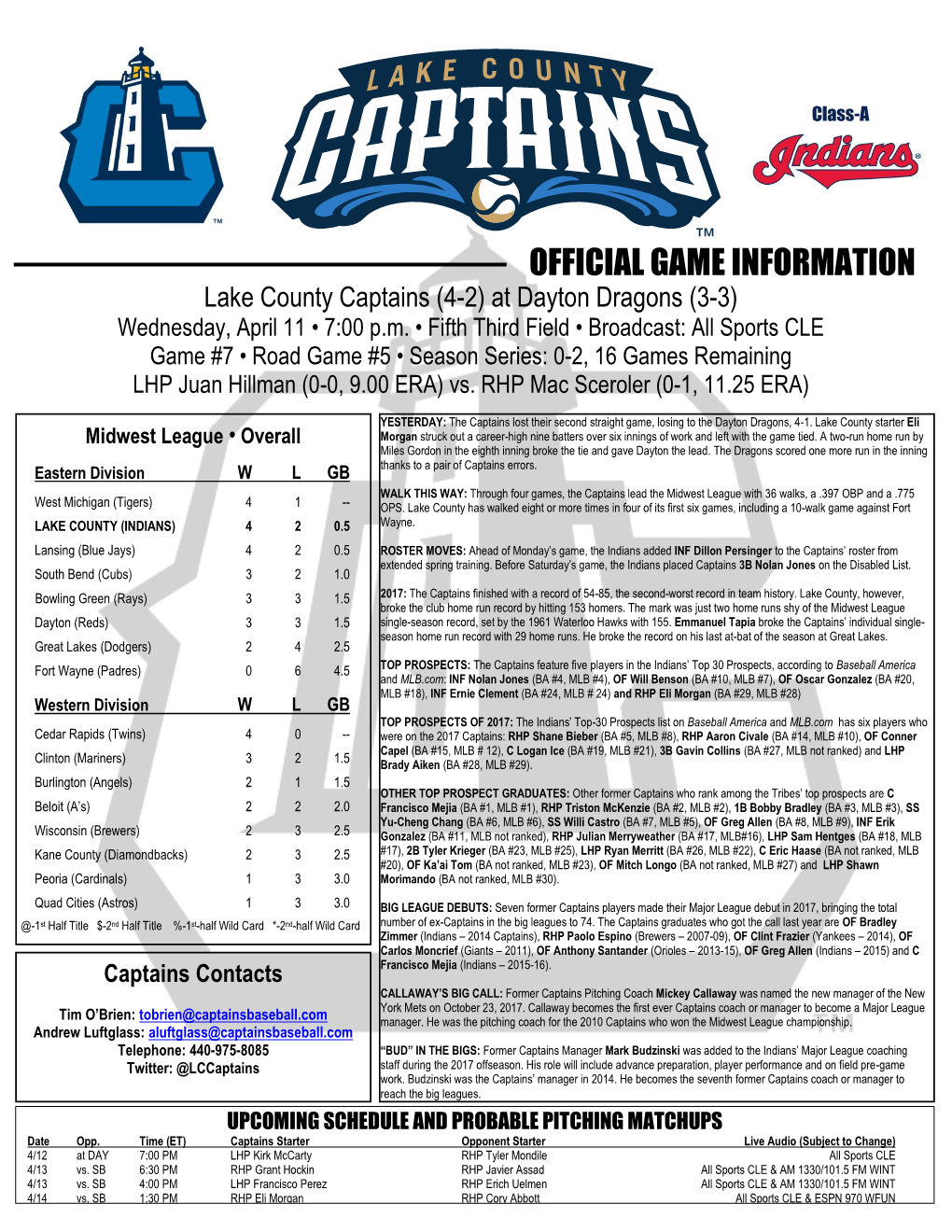 OFFICIAL GAME INFORMATION Lake County Captains (4-2) at Dayton Dragons (3-3) Wednesday, April 11 • 7:00 P.M