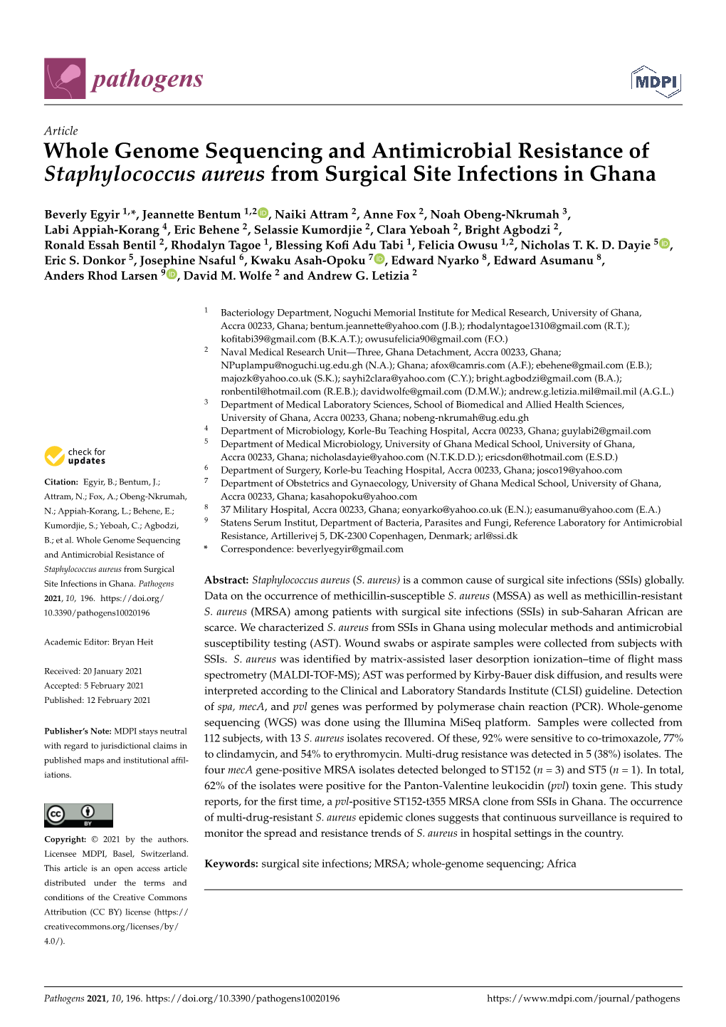 Whole Genome Sequencing and Antimicrobial Resistance of Staphylococcus Aureus from Surgical Site Infections in Ghana