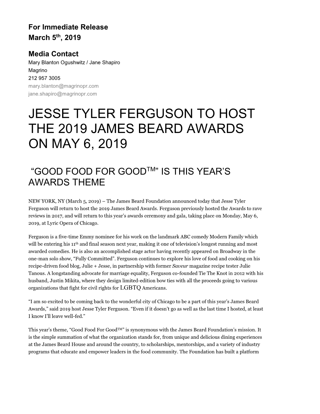 Jesse Tyler Ferguson to Host the 2019 James Beard Awards on May 6, 2019