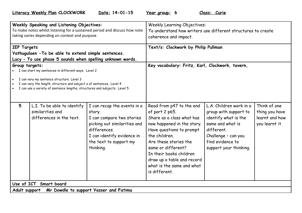 Literacy Weekly Plan s1