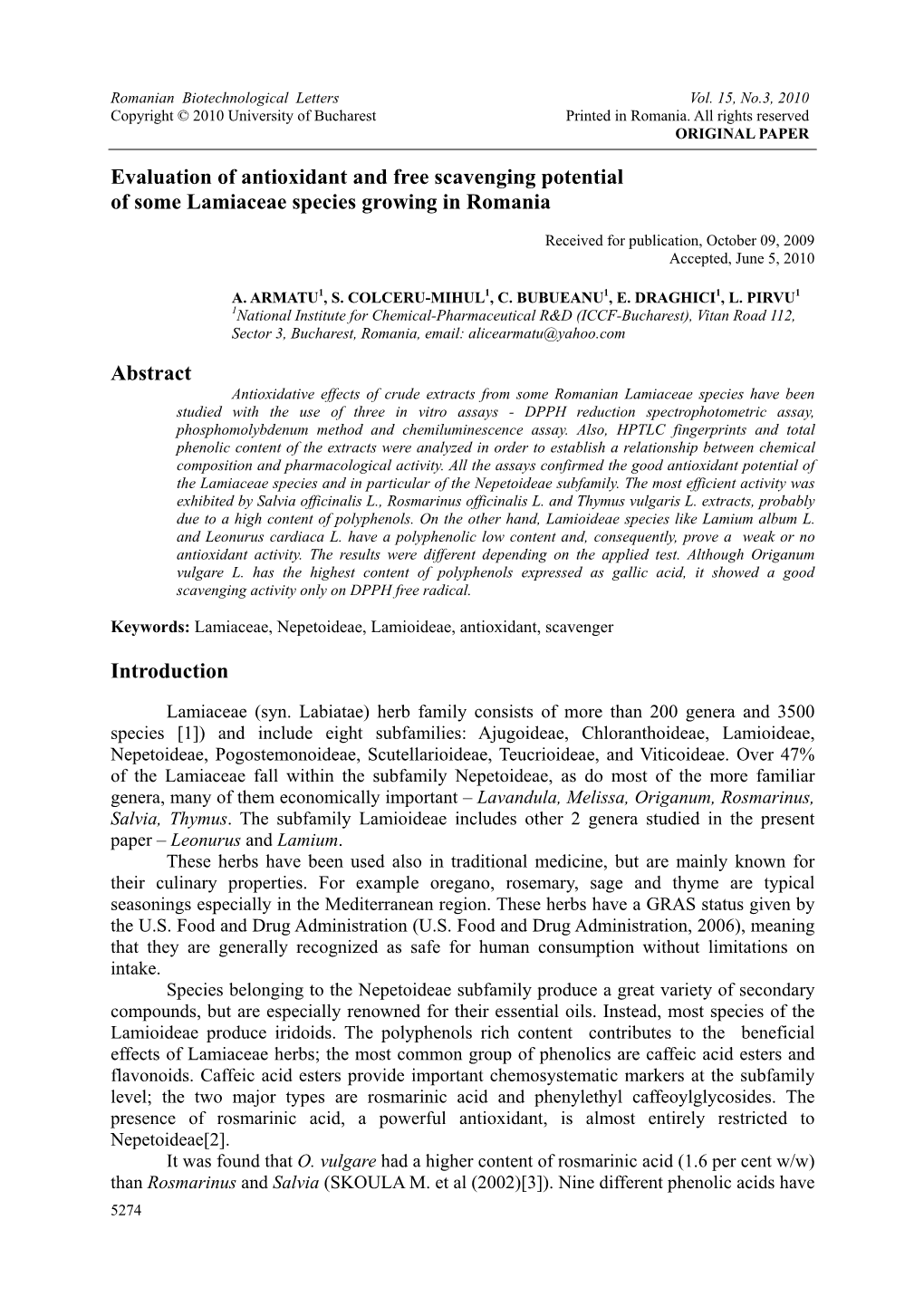 Evaluation of Antioxidant and Free Scavenging Potential of Some Lamiaceae Species Growing in Romania