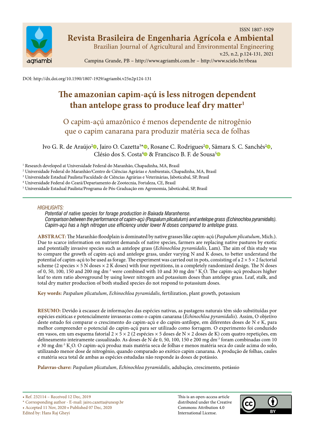 The Amazonian Capim-Açú Is Less Nitrogen Dependent Than Antelope Grass to Produce Leaf Dry Matter1