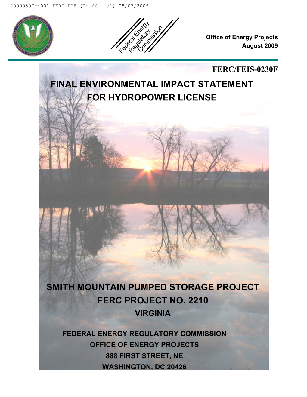 Final Environmental Impact Statement for Hydropower License Smith Mountain Pumped Storage Project Ferc Project No. 2210