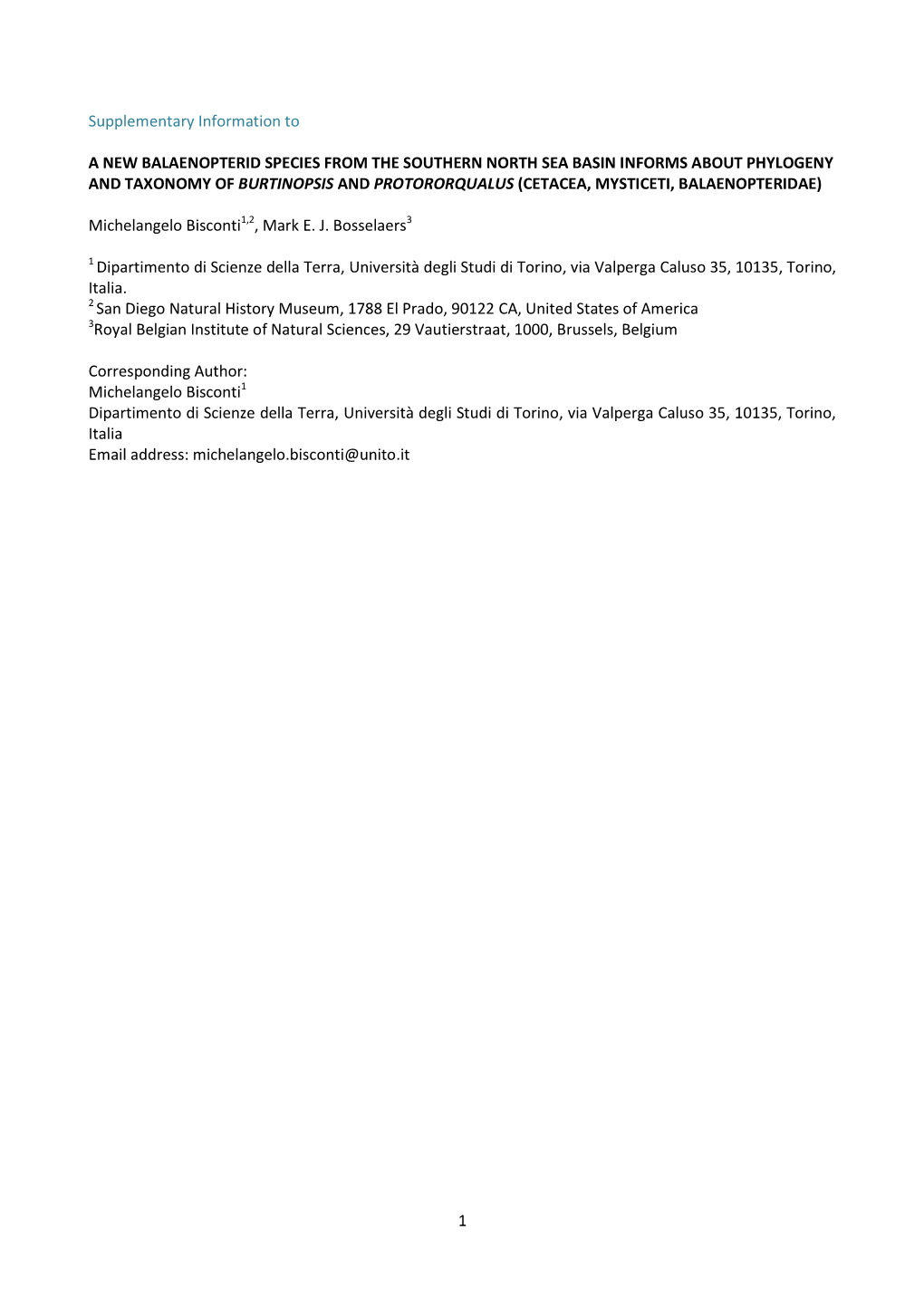 1 Supplementary Information to a NEW BALAENOPTERID SPECIES from the SOUTHERN NORTH SEA BASIN INFORMS ABOUT PHYLOGENY and TAXONOM