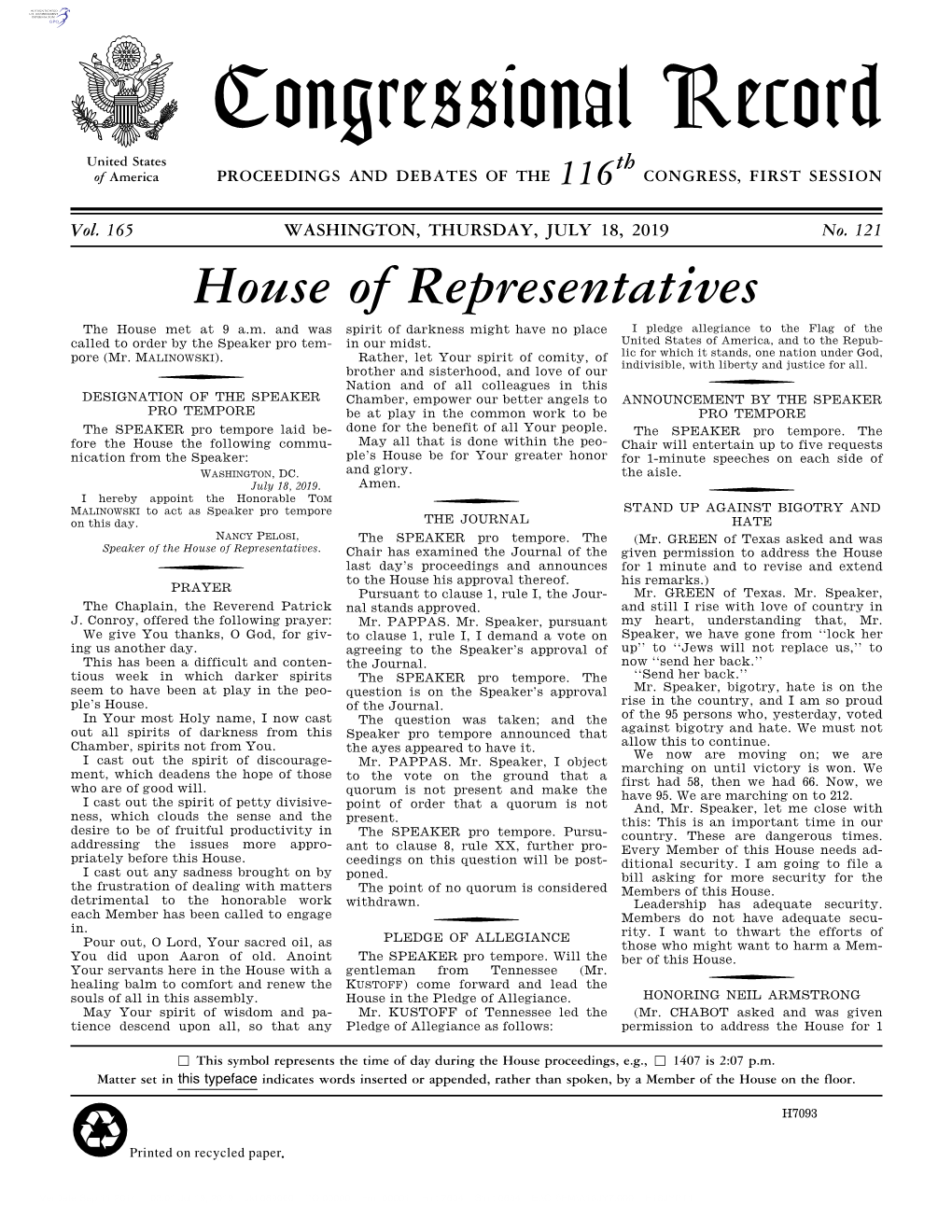 Congressional Record United States Th of America PROCEEDINGS and DEBATES of the 116 CONGRESS, FIRST SESSION