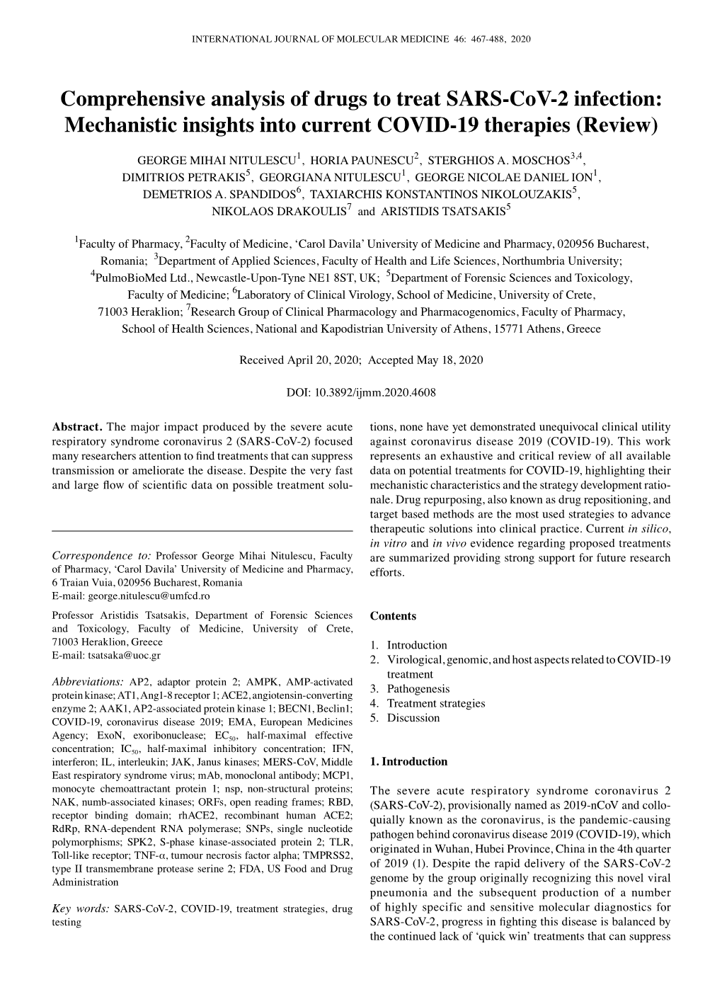 Comprehensive Analysis of Drugs to Treat SARS‑Cov‑2 Infection: Mechanistic Insights Into Current COVID‑19 Therapies (Review)