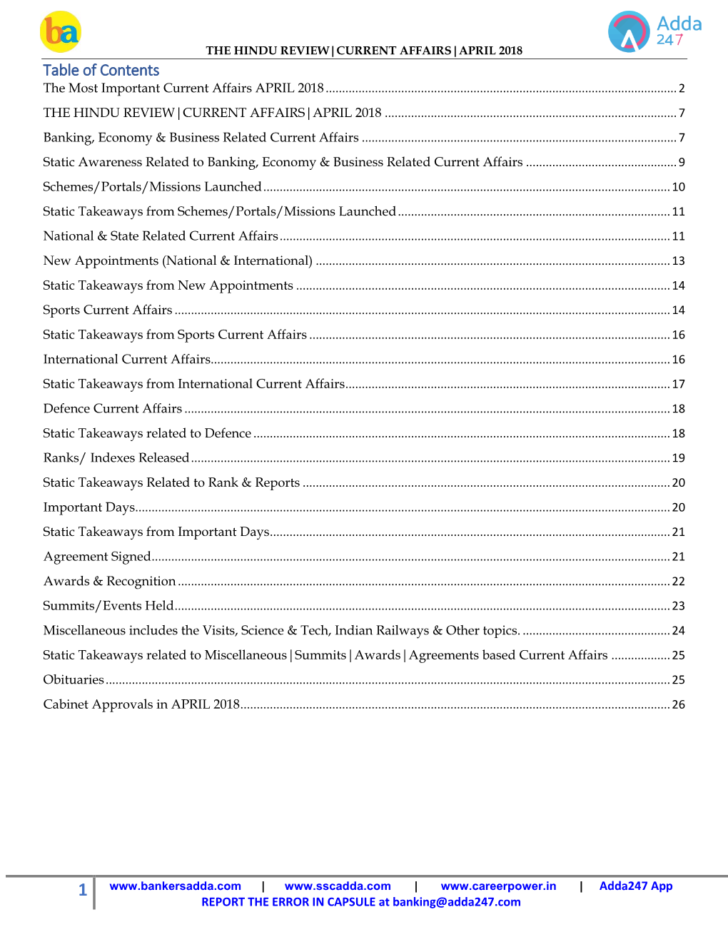 Table of Contents the Most Important Current Affairs APRIL 2018