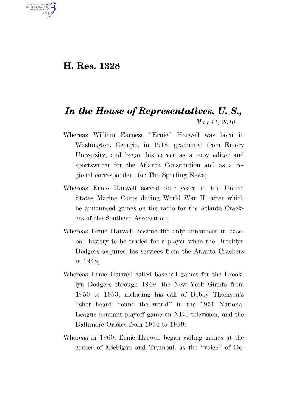 H. Res. 1328 in the House of Representatives, U