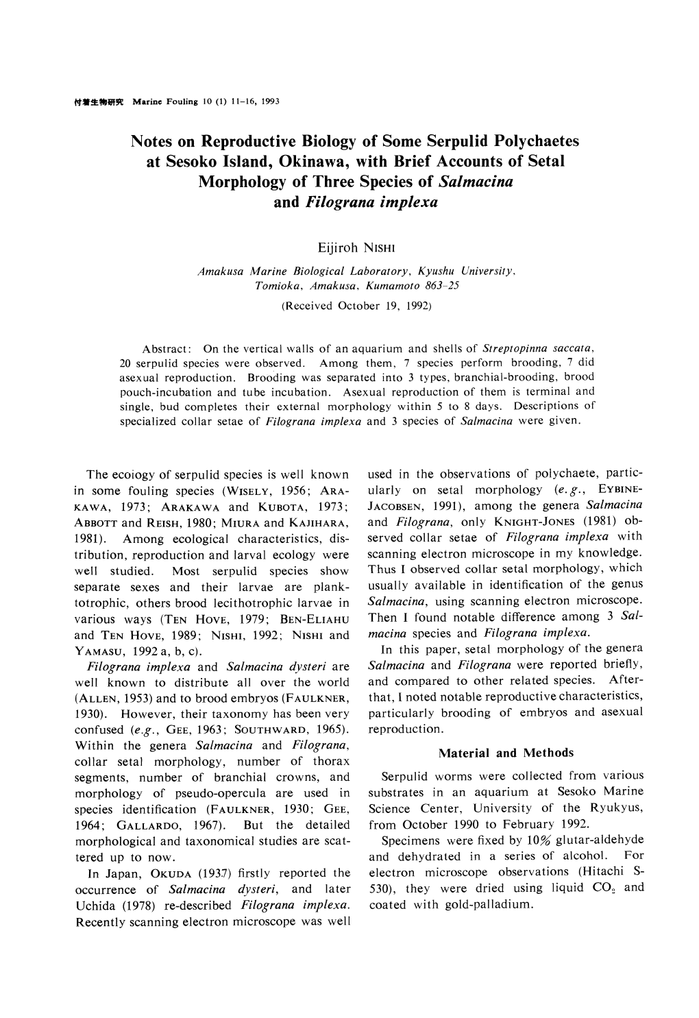 Notes on Reproductive Biology of Some Serpulid Polychaetes At