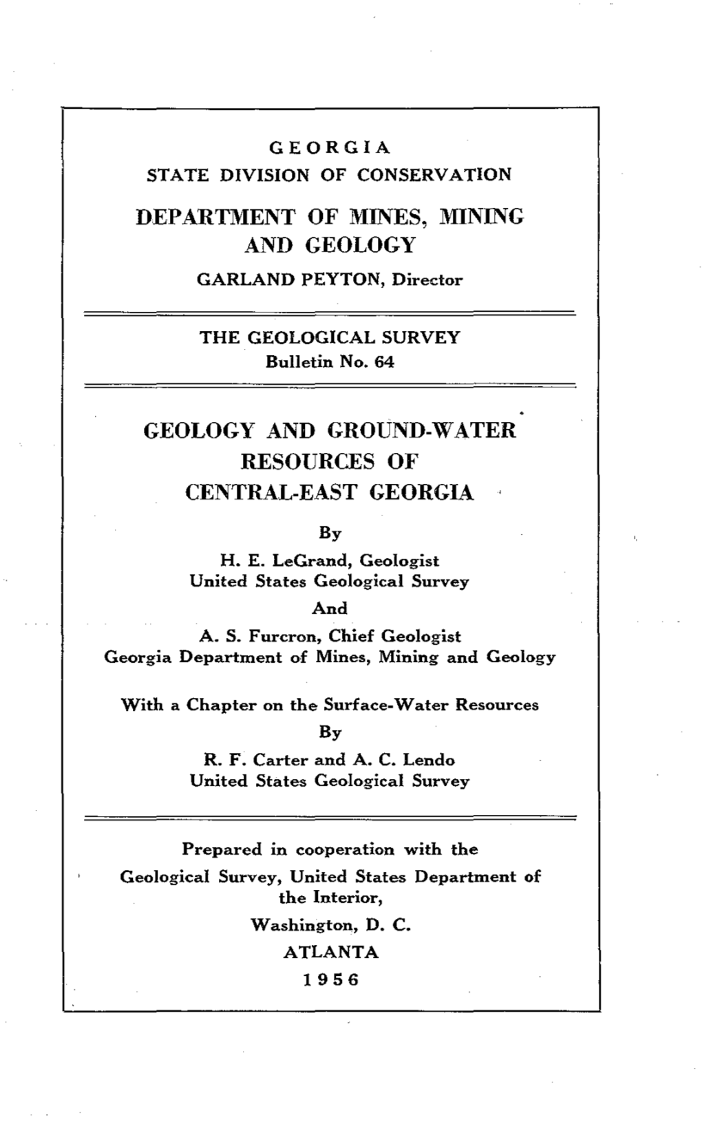 B-64 Geology and Ground-Water Resources of Central East Georgia