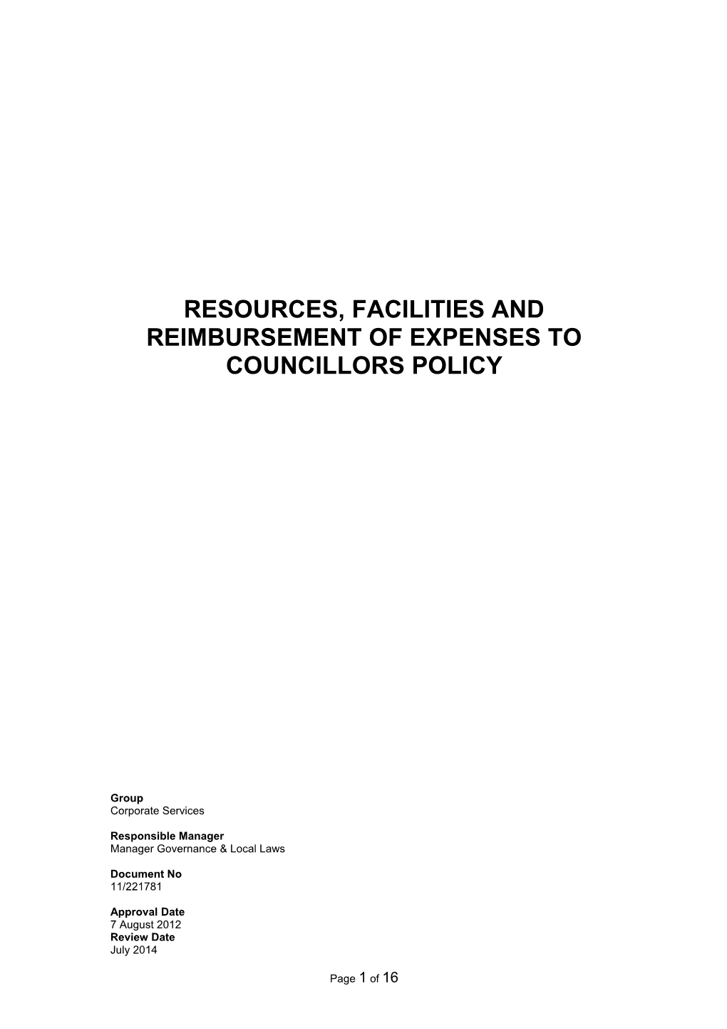 Resources, Facilities and Reimbursement of Expenses to Councillors Policy