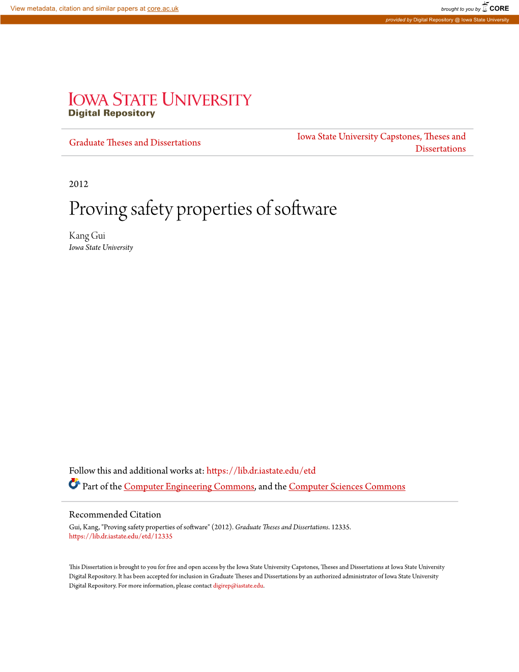 Proving Safety Properties of Software Kang Gui Iowa State University