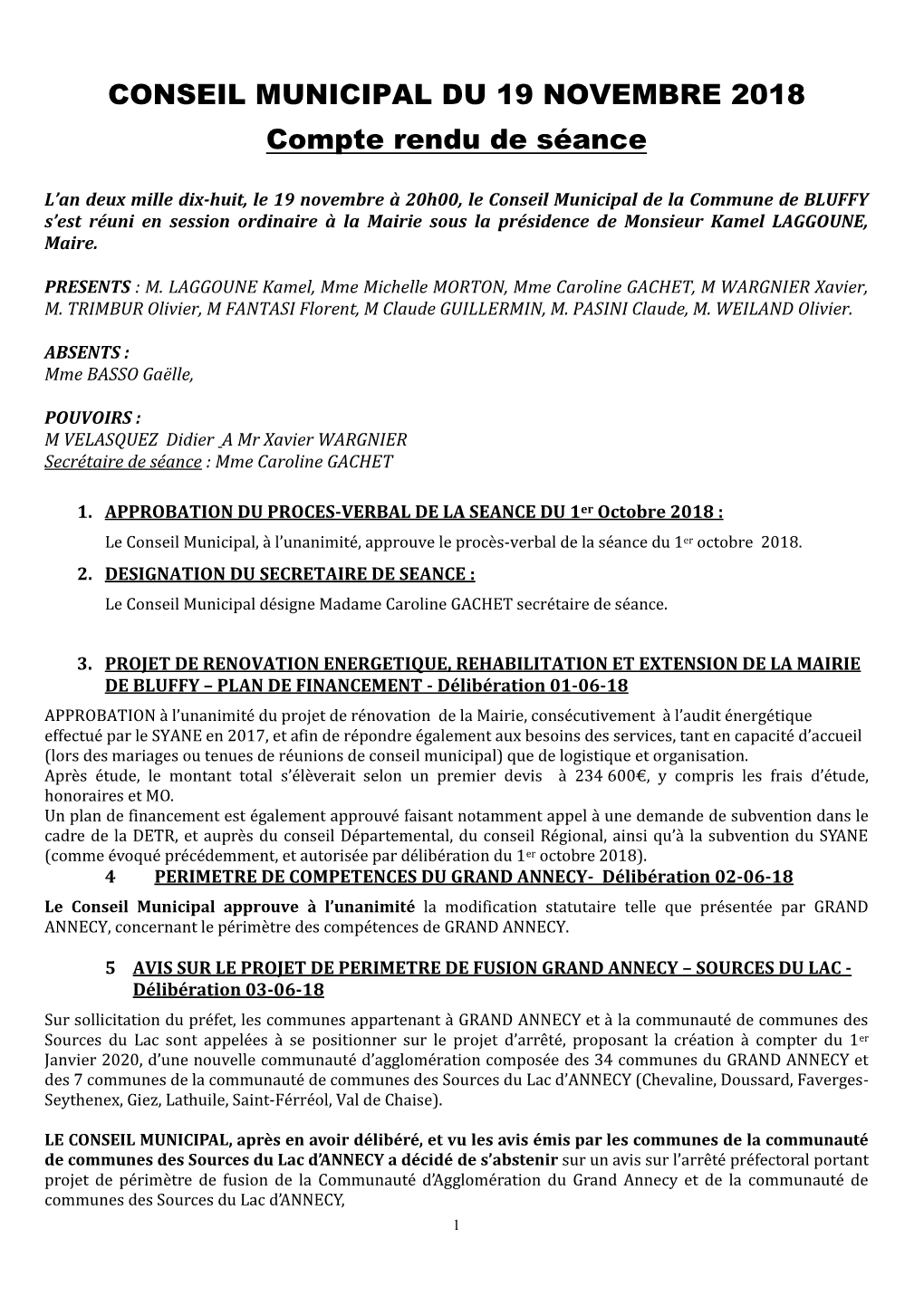 Conseil Municipal Du 19 Novembre 2018