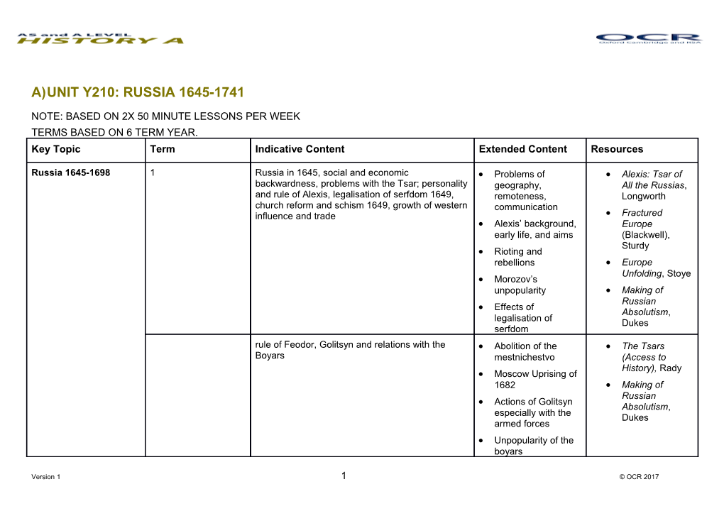 OCR a an AS History Unit Y210 Scheme of Work