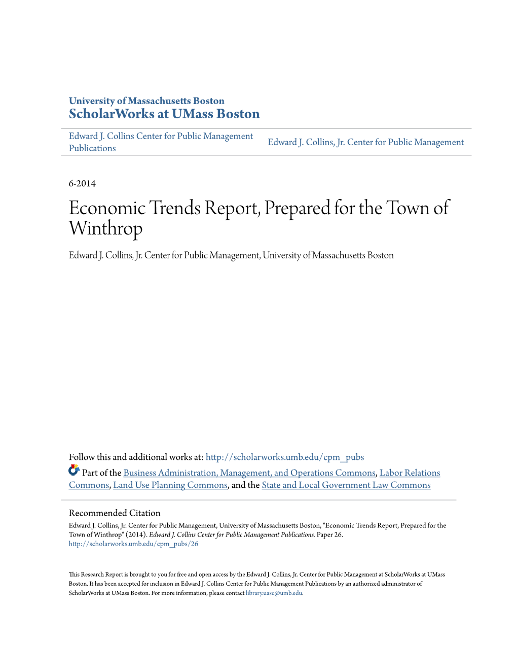 Economic Trends Report, Prepared for the Town of Winthrop Edward J