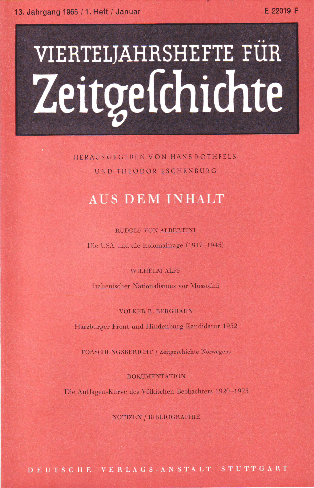 Vierteljahrshefte Für Zeitgeschichte Jahrgang 13(1965) Heft 1