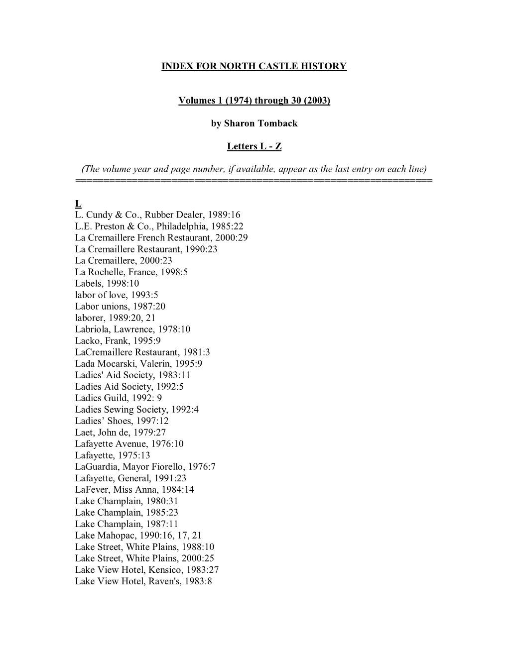 Index of North Castle History, Volume 26, 1999