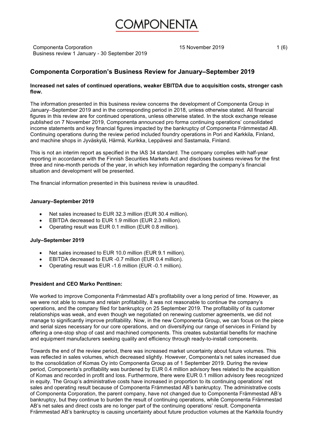 Componenta Corporation's Business Review for January–September 2019